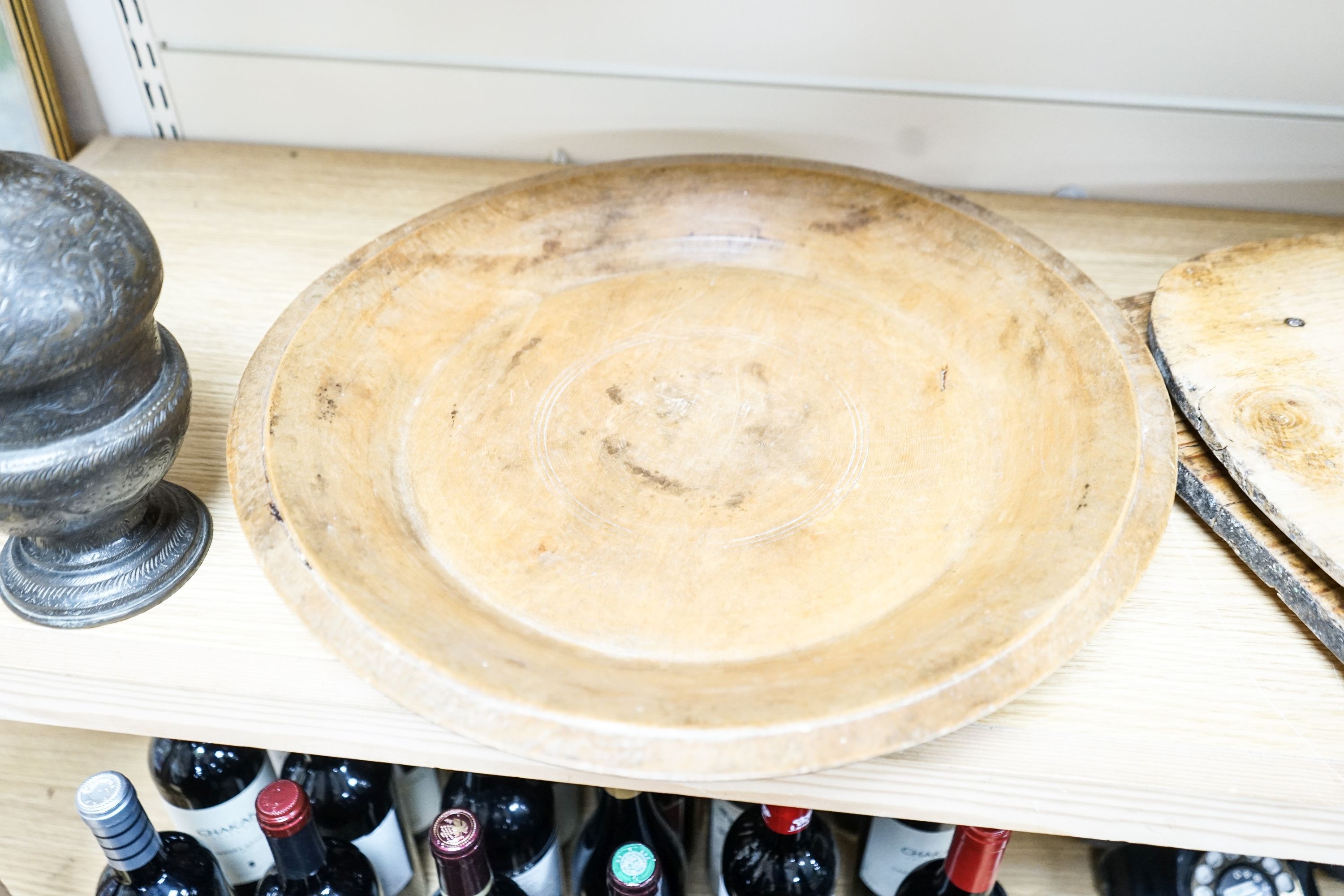 A large sycamore dish and two pine chopping boards 44cm